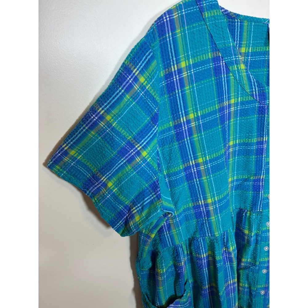 Lane Bryant Plaid Seersucker Maxi Dress Size 3X Teal 90s Butter Mom Maximalist - Picture 5 of 8